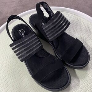 Skechers Heels Womens Sz.7 Fit 7.5-8. Black Slip On‎ Wedge Heels Memory Foam